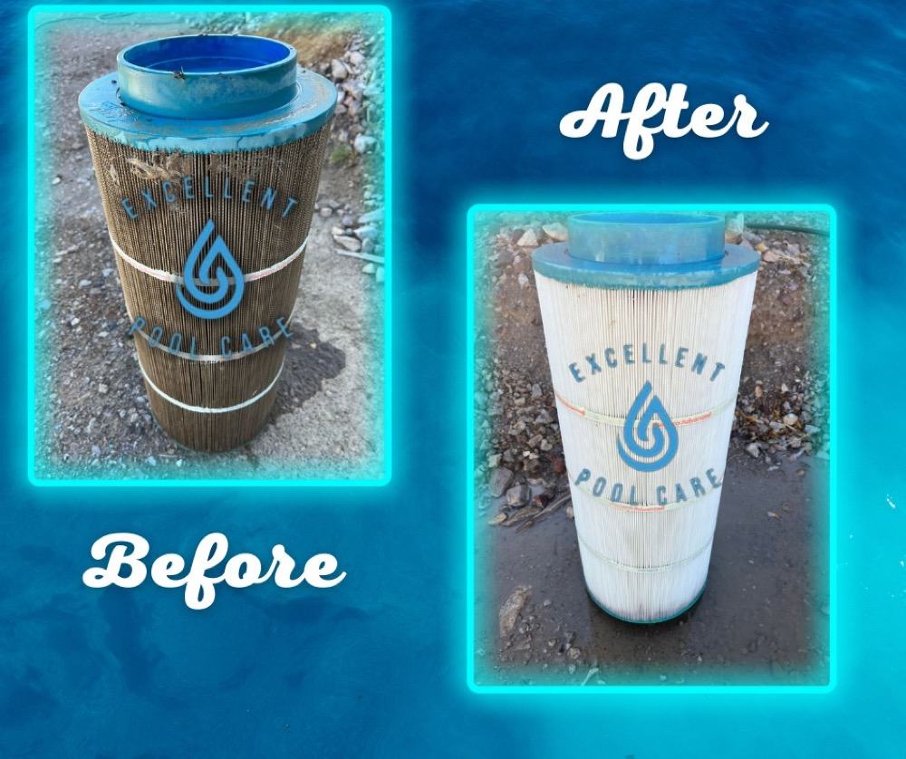 Pool filter cartridge before and after cleaning by Excellent Pool Care